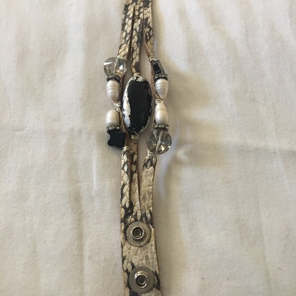 Reptile leather bracelet by Suzy T Design. Stones & beads adorn the leather. - Picture 4 of 7